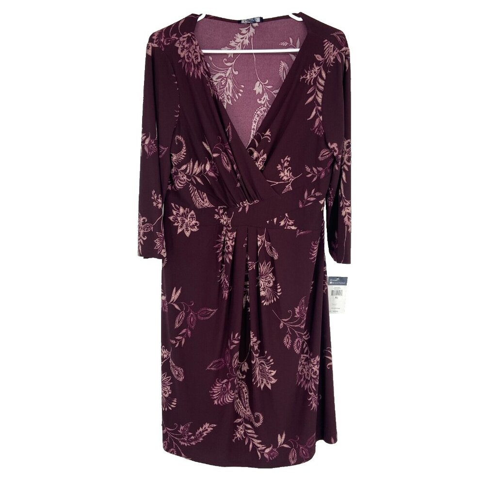 Chaps Women XL Floral Faux Wrap Dress Knee Length V Neck Burgundy Half Sleeve